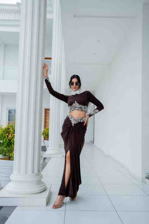Brown draped skirt set