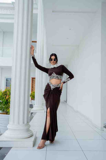 Brown draped skirt set