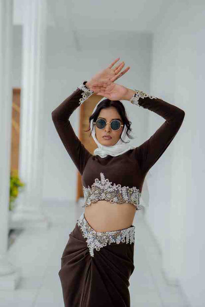 Brown draped skirt set